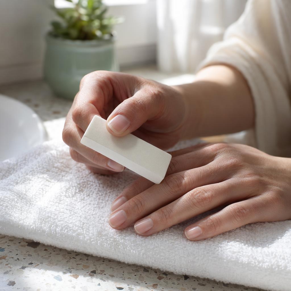 Close-up of a hand gently buffing a natural, unpolished nail on a white towel in a softly lit bathroom.