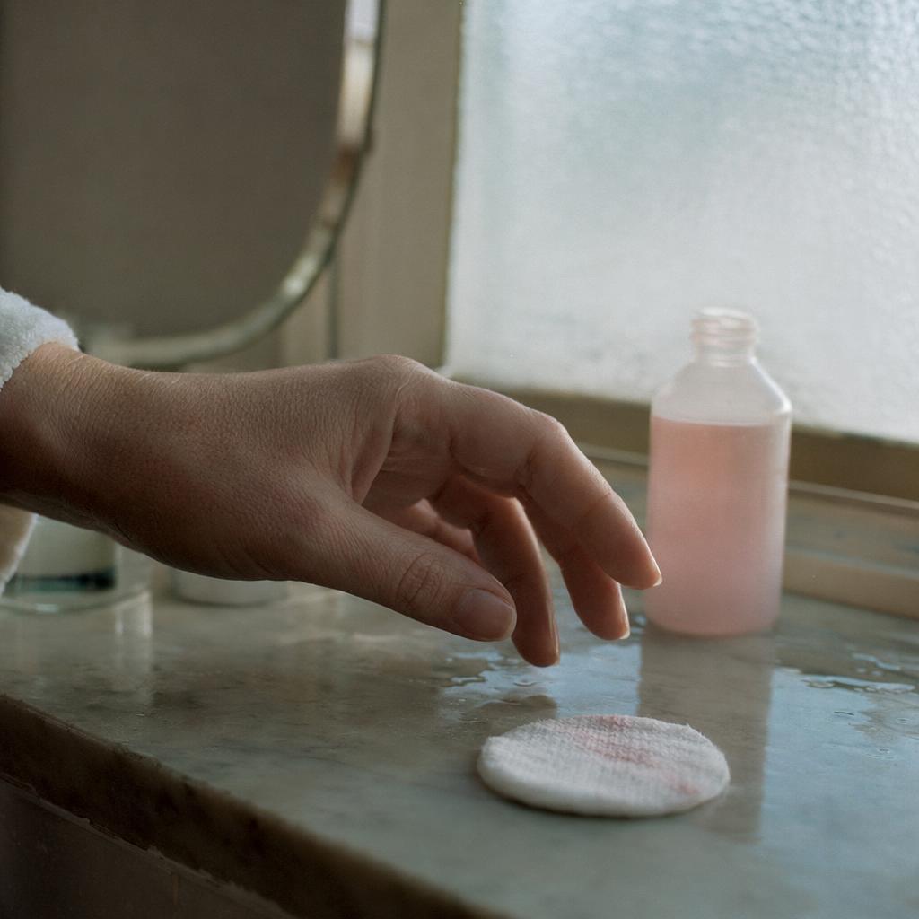 Close-up of a hand with clean natural nails resting on a marble countertop beside a used cotton pad with faint pink nail polish residue, bathed in soft morning bathroom light.