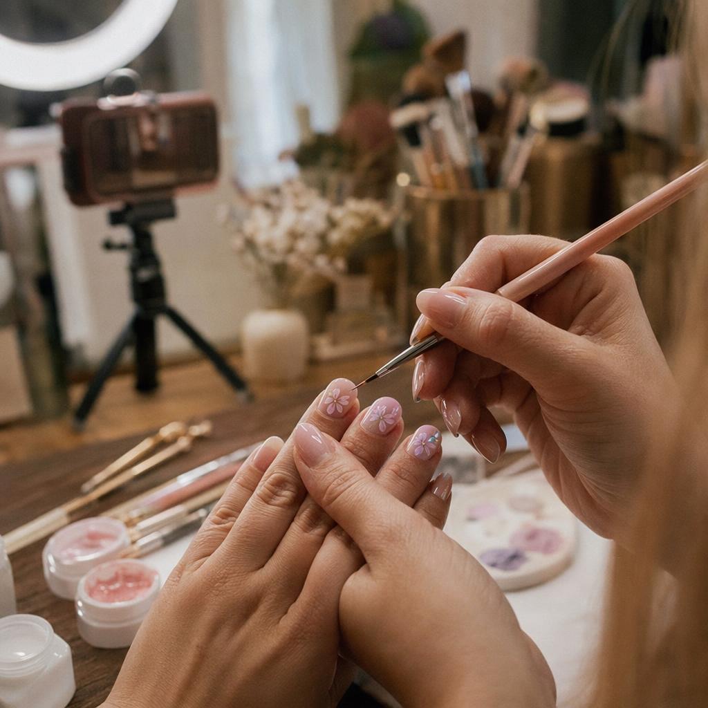 Close-up of hands painting delicate floral nail art in a cozy home studio setting, with a ring light and phone tripod visible in the background.